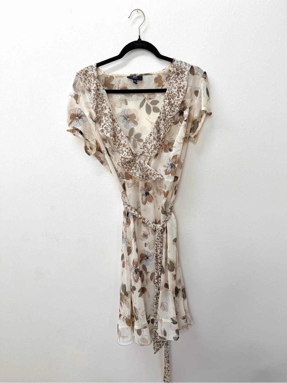 JBS Sheer Floral Wrap Dress in Cream Taupe - Lightweight Women's Ruffle Dress
